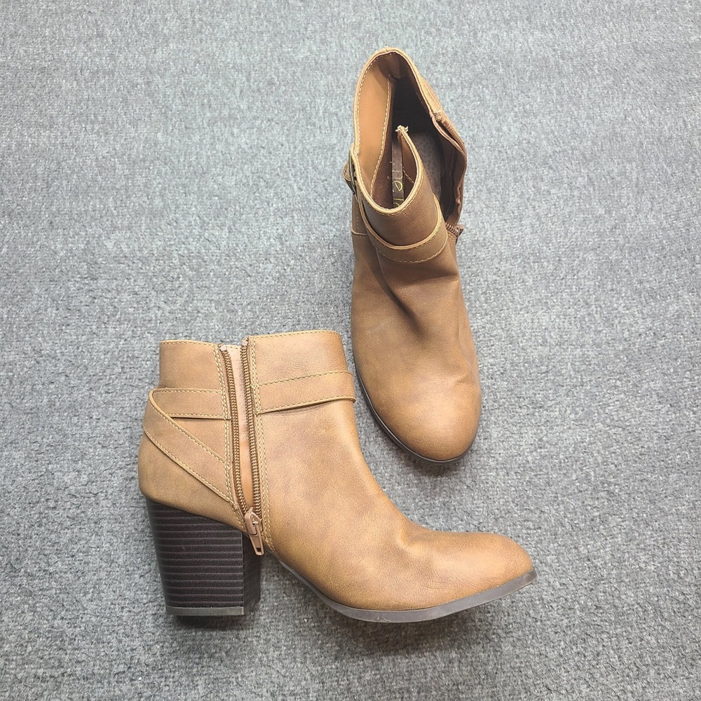 me too Viola Brown Faux Leather Ankle Boots Women Sz 7 M 37 Side Zip Block Heel